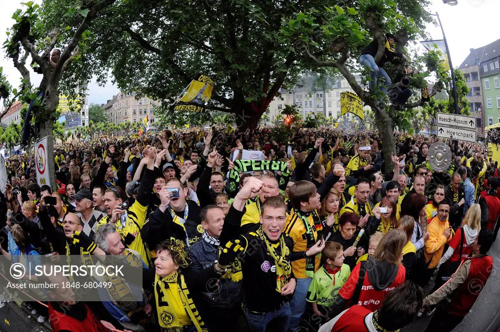 Championship celebration of Borussia Dortmund, fans on Borsigplatz square, Dortmund, North Rhine-Westphalia, Germany, Europe