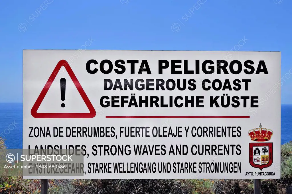 Warning Sign, Dangerous Coast, Punta Gorda, La Palma, La Isla Verde, La Isla Bonita, Canary Islands, Islas Canarias, Spain, Europe