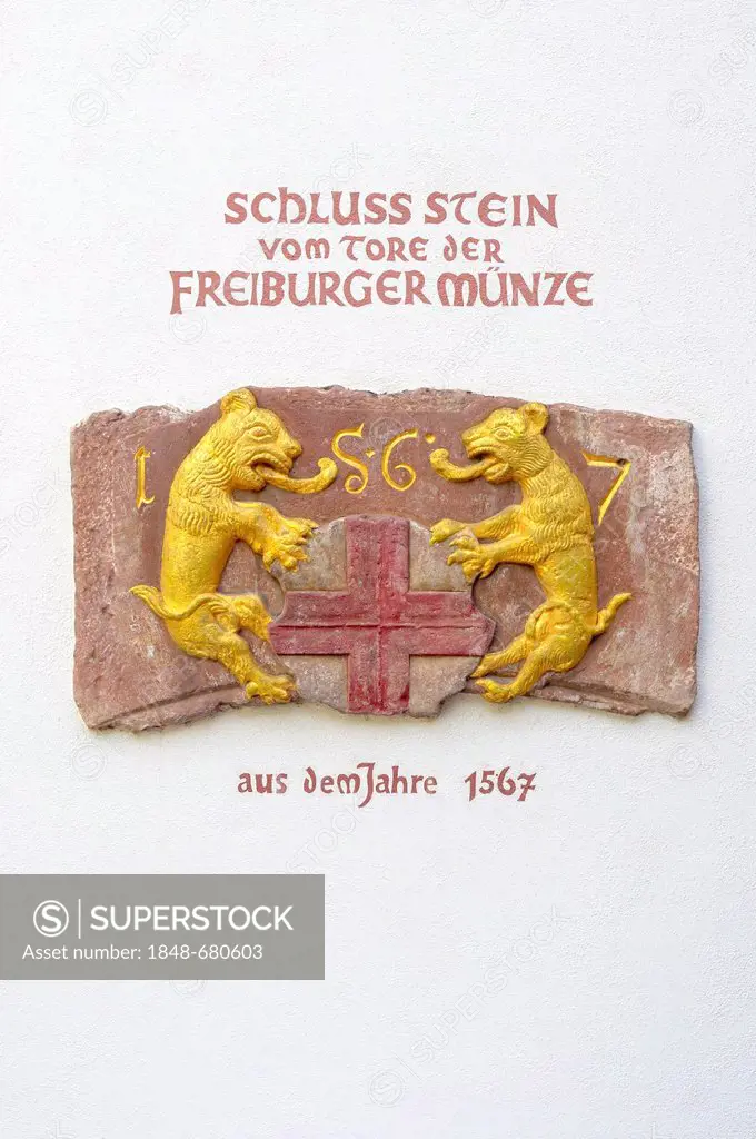 Keystone on the gate of the Freiburg mint, 1567, old town of Freiburg im Breisgau, Baden-Wuerttemberg, Germany, Europe