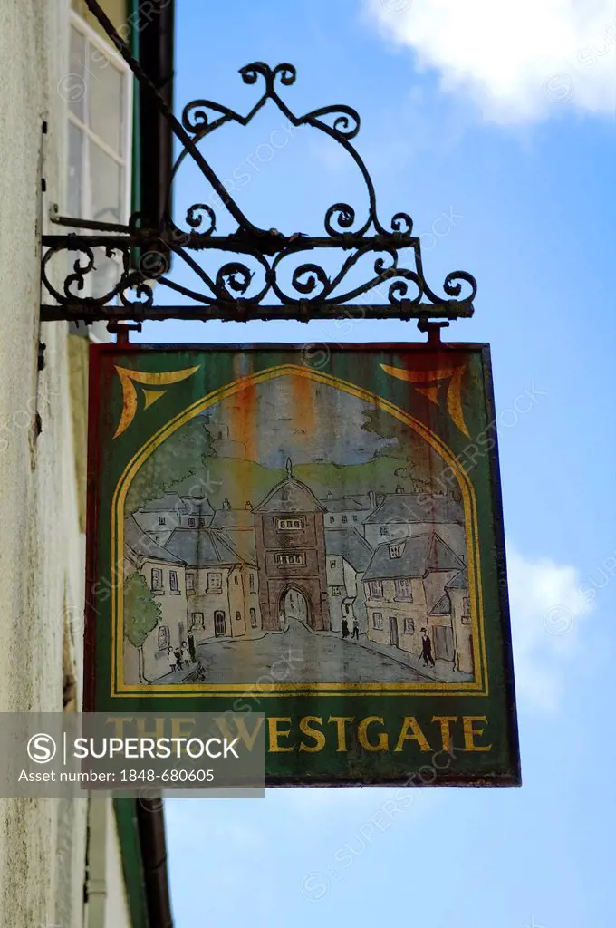 The Westgate inn sign, 21 Westgate Street, Launceston, Cornwall, England, United Kingdom, Europe