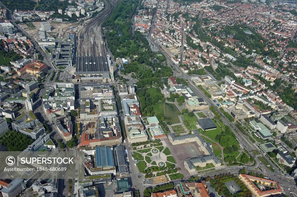 Aerial view, main station with station tower and the railway tracks that will be replaced by the Stuttgart21 project, Stuttgart, Baden-Wuerttemberg, G...