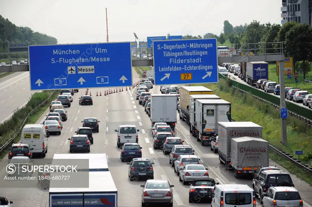 Congestion of traffic on the A8 motorway near the Degerloch exit, Baden-Wuerttemberg, Germany, Europe