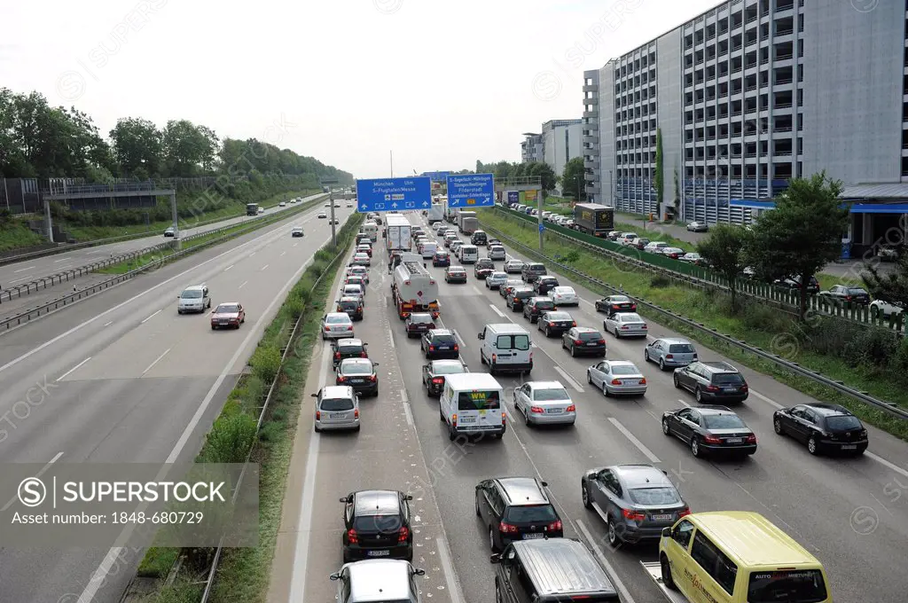Congestion of traffic on the A8 motorway near the Degerloch exit, travelling and looking towards Munich, Stuttgart, Baden-Wuerttemberg, Germany, Europ...