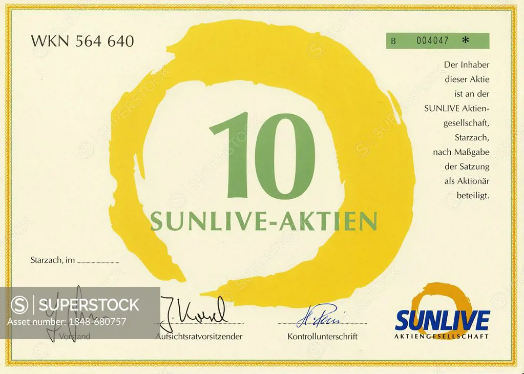 Historic stock certificate, 10 shares of Sunlive, environmental investment and consulting company, Germany, Europe