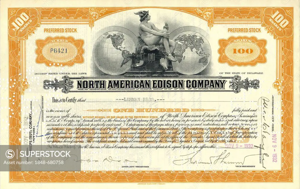 Historic stock certificate, share, North American Edison Company, issued to Lehman Brothers, 1932, Delaware, USA