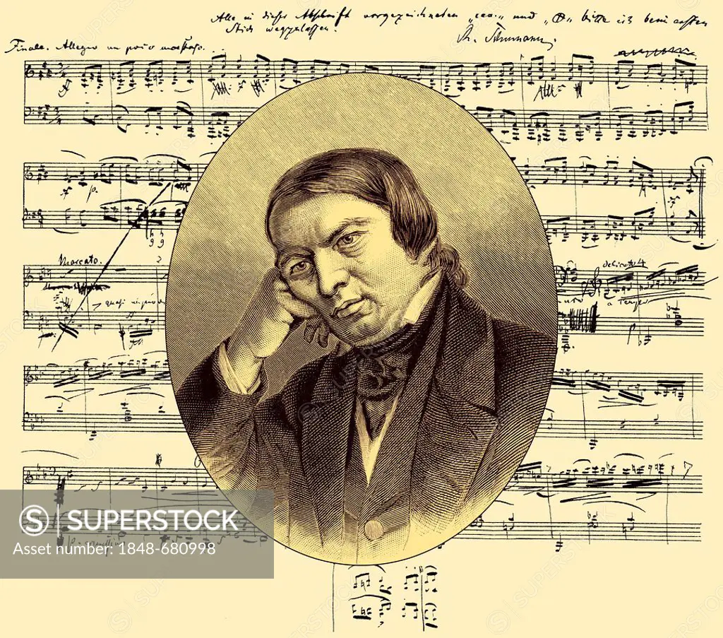 Sonata No. 1 Op. 2, historical handwritten sheet music and portrait of Robert Schumann, 1810-1856, German composer and pianist of Romanticism