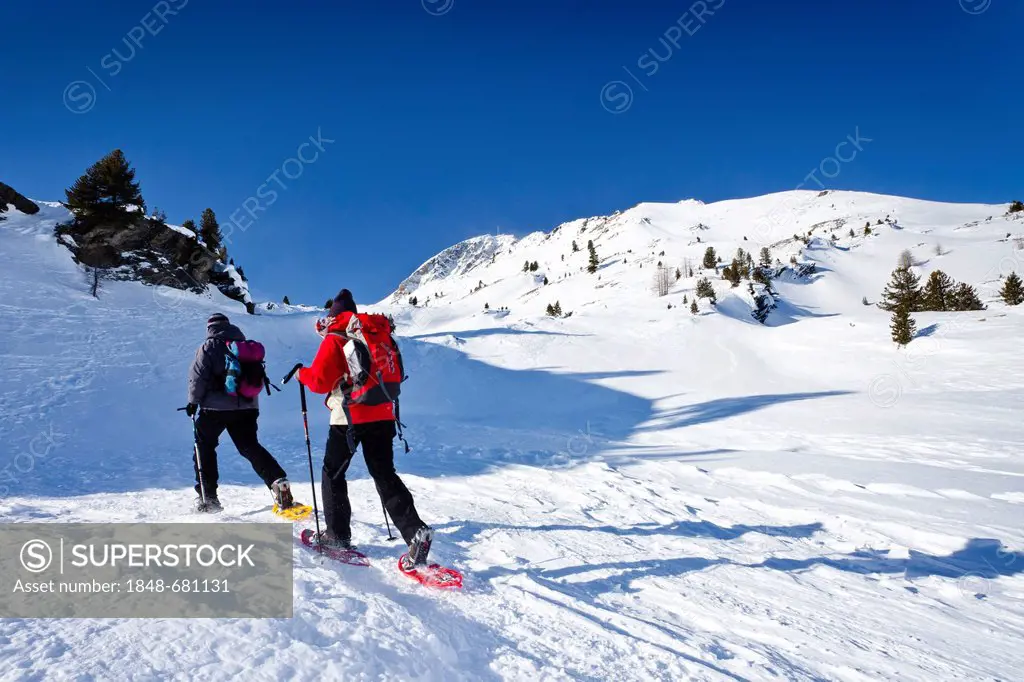 Snowshoe walkers on the way up to Martellerhuette mountain lodge, Martell Valley, above Zufallhuette mountain lodge, province of Bolzano-Bozen, Italy,...