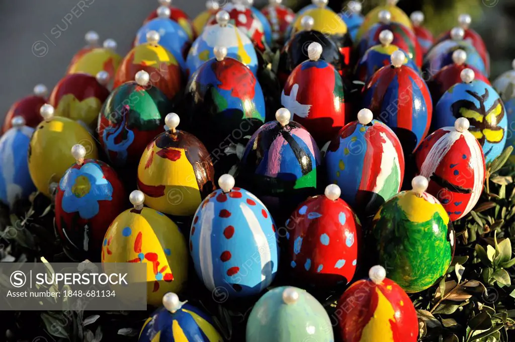 Easter eggs on an easter fountain, Schechingen, Baden-Wuerttemberg, Germany, Europe