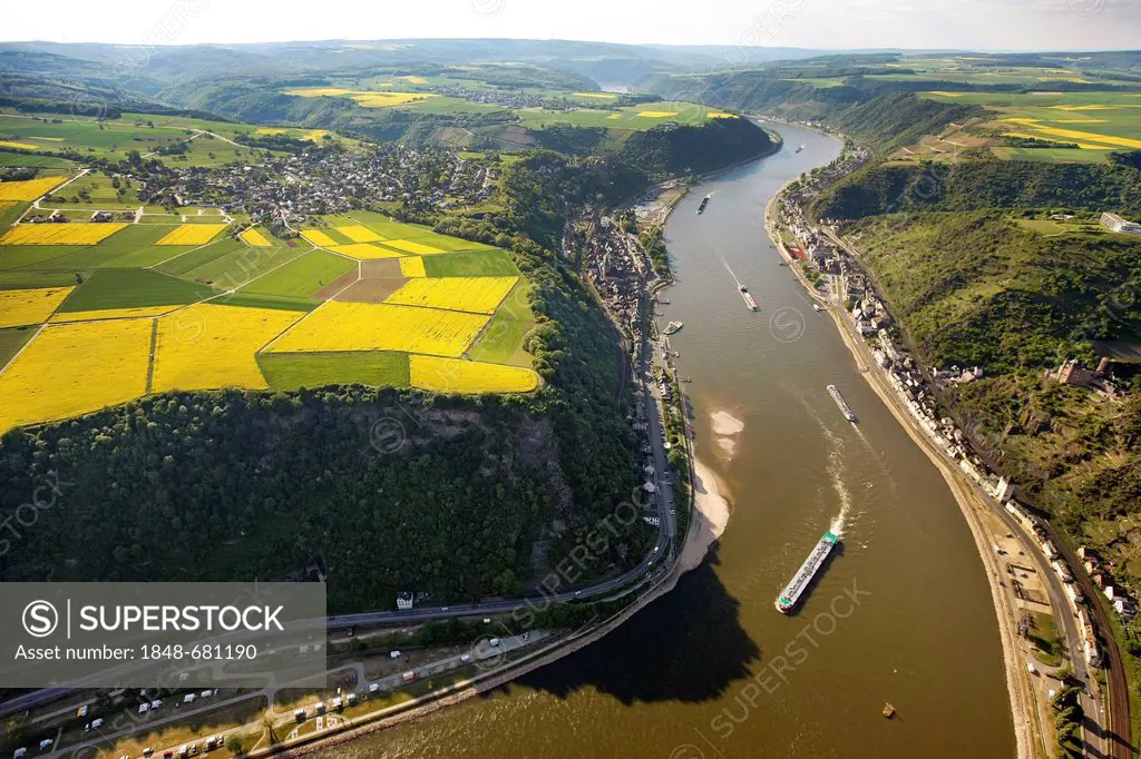 Aerial view, Loreley rock, Sankt Goarshausen, Rhine River, low water, Upper Middle Rhine Valley World Heritage site, Rhineland-Palatinate, Germany, Eu...