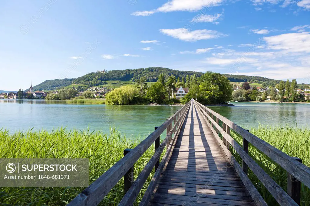Wooden bridge crossing the Rhine River to Werd Monastery on Werd Island, Stein am Rhein, Switzerland, Europe, PublicGround