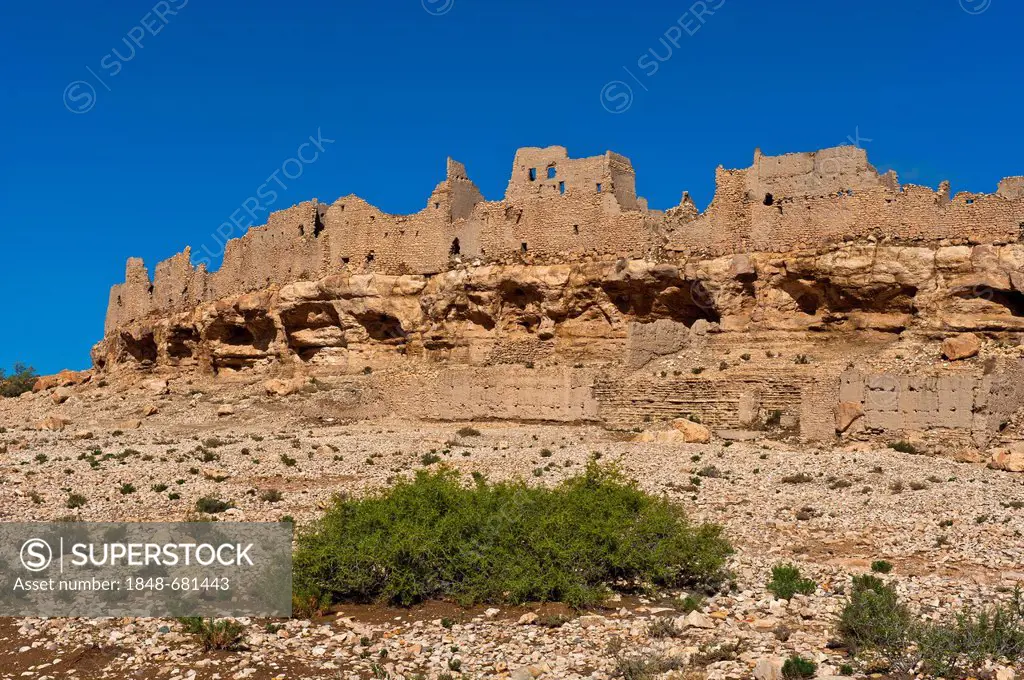 Ruins of an abandoned village on a cliff, Ksar Meski, Ziz Valley, southern Morocco, Morocco, Africa