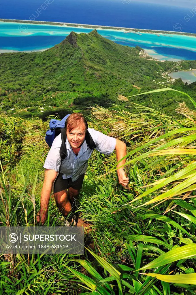 Hiking on Mount Pahia, Bora Bora, Leeward Islands, Society Islands, French Polynesia, Pacific Ocean