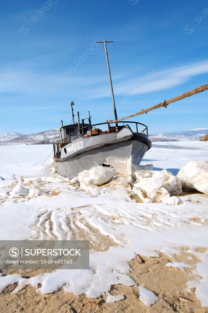 Ship on frozen Lake Baikal, Olkhon island, Siberia, Russia, Eurasia