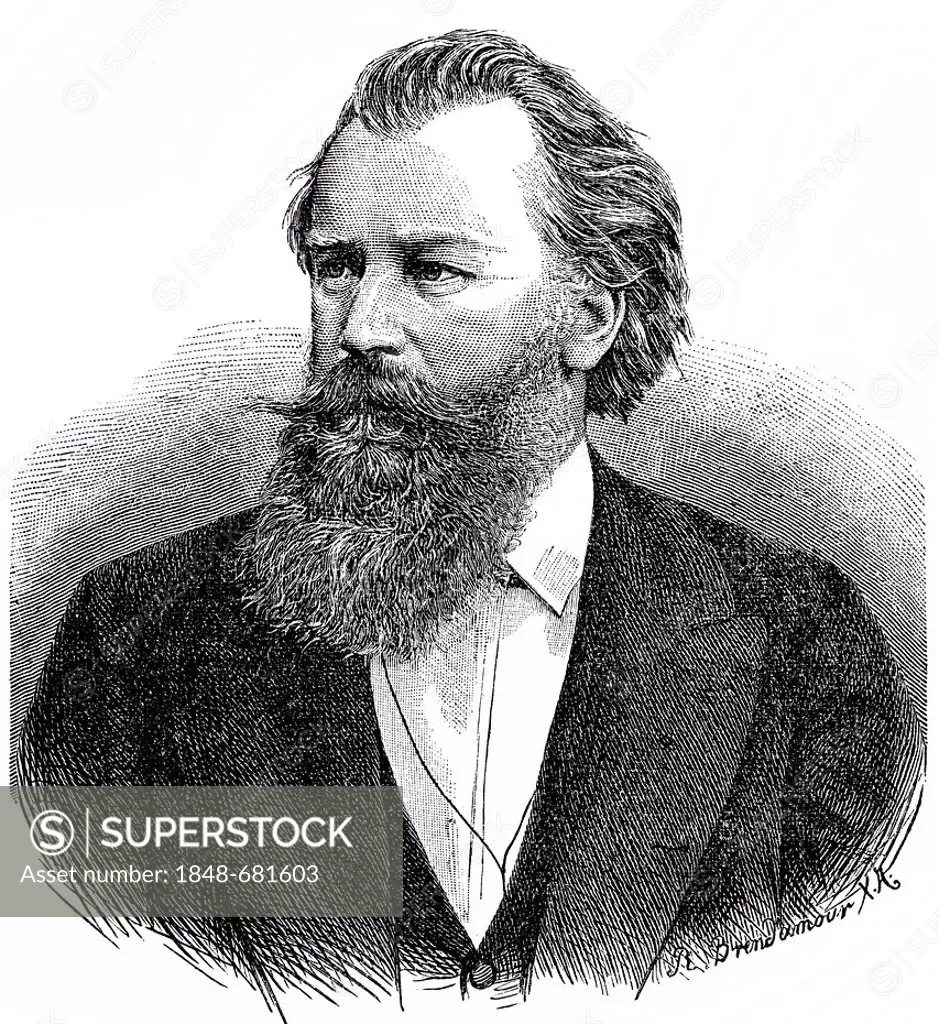 Historic drawing, portrait of Johannes Brahms, 1833 - 1897, a German composer, pianist and conductor of the Romantic period