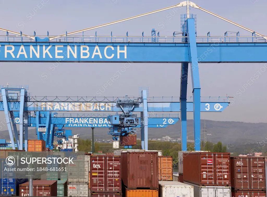 Loading bridge with containers in the container terminal, Mainz, Rhineland-Palatinate, Germany, Europe