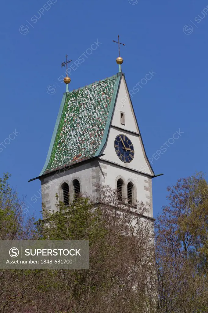 Bell tower of the Pfarrkirche Mariae Heimsuchung or parish church of the Visitation in Meersburg, Lake Constance, Landkreis Konstanz county, Baden-Wue...