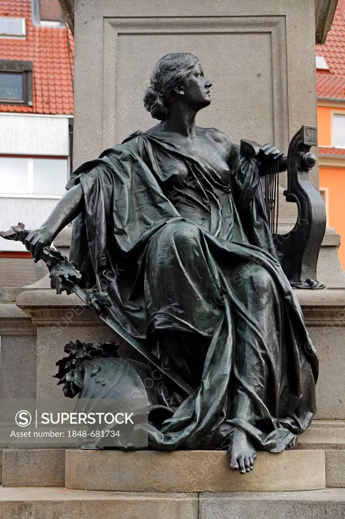 Allegorical figure from Friedrich Rueckert's works, Sonnet in arms at his memorial, market square, Schweinfurt, Lower Franconia, Bavaria, Germany, Eur...