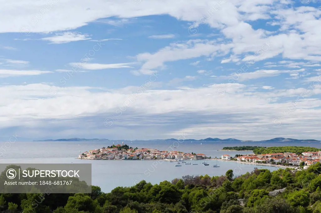 Panoramic view of Primosten peninsula, Dalmatia, Croatia, Europe