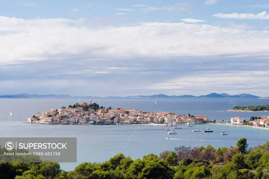 Panoramic view of Primosten peninsula, Dalmatia, Croatia, Europe