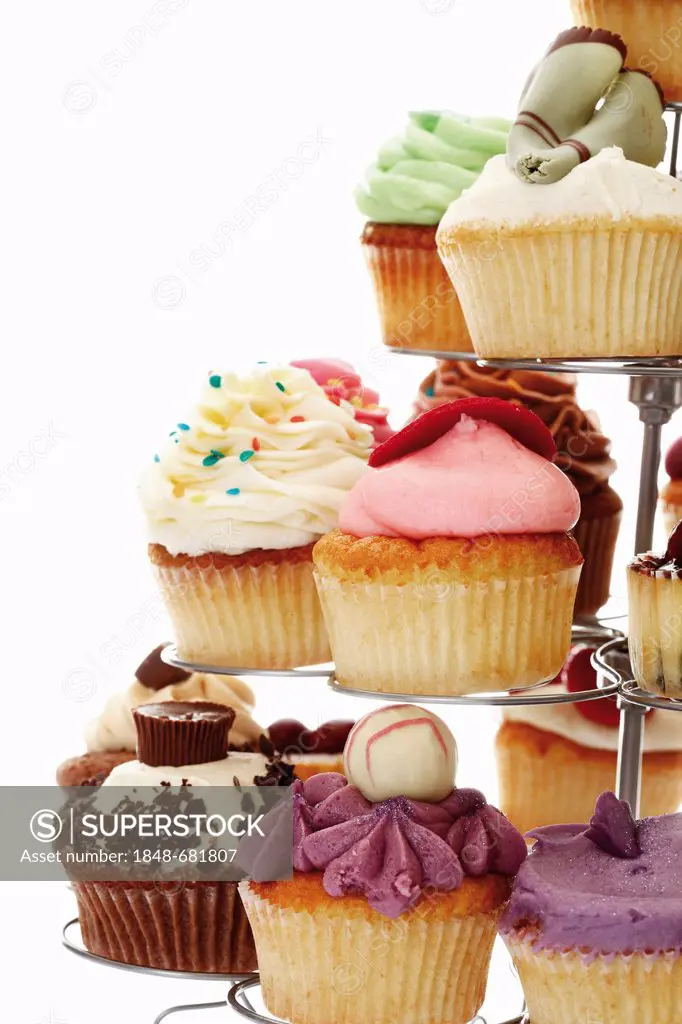 Various cupcakes in a cupcake stand