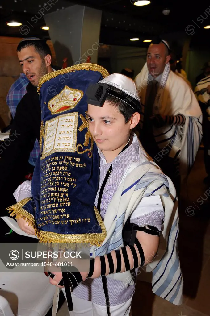 Bar Mitzvah, Jewish coming of age ritual, Torah scroll is taken back to the cabinet, Western Wall or Wailing Wall, Old City of Jerusalem, Arab Quarter...