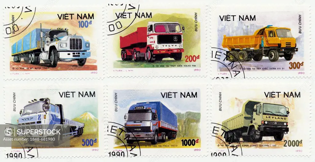 Historic stamps, Vietnam, 1990, International trucks, Volvo, Hino, DAF, Mack, Iveco, Tatra