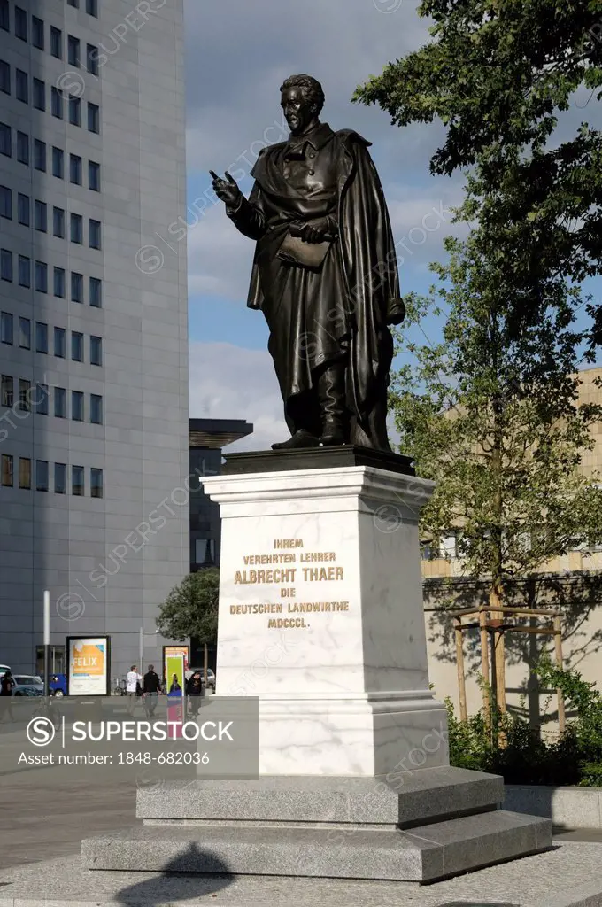 Monument to Albrecht Thaer, founder of Agricultural Science, City-Hochhaus builing, Leipzig, Saxony, Germany, Europe, PublicGround
