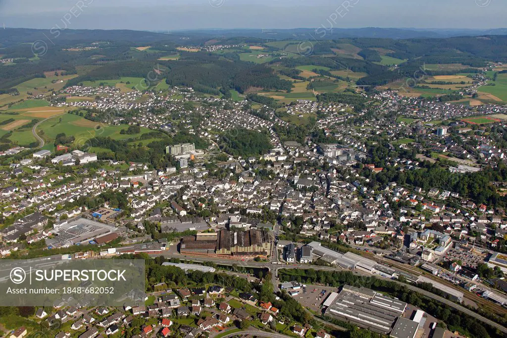 Aerial view, fisheye shot, historic town centre with St. John Baptist Church, Attendorn, Sauerland, North Rhine-Westphalia, Germany, Europe