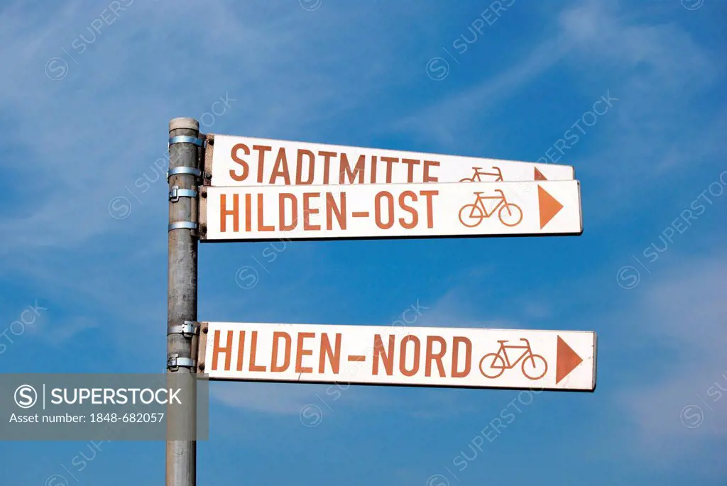 Sign posts for cyclists, Hilden, North Rhine-Westphalia, Germany, Europe