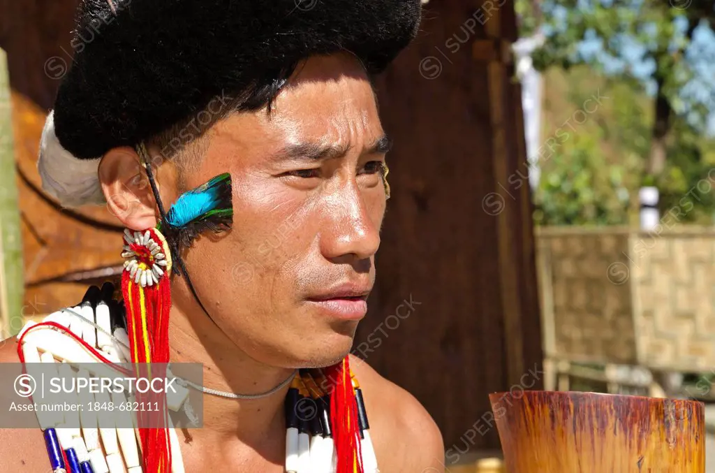 Man in tribal dress at the annual Hornbill Festival in Kohima, India, Asia