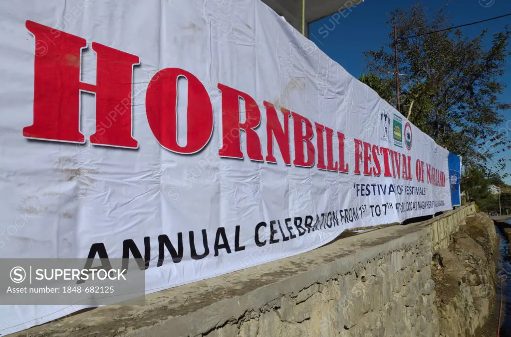 Banner of the Hornbill Festival, a meeting of all the Nagaland tribes, taking place in Kohima in December every year, Nagaland, India, Asia