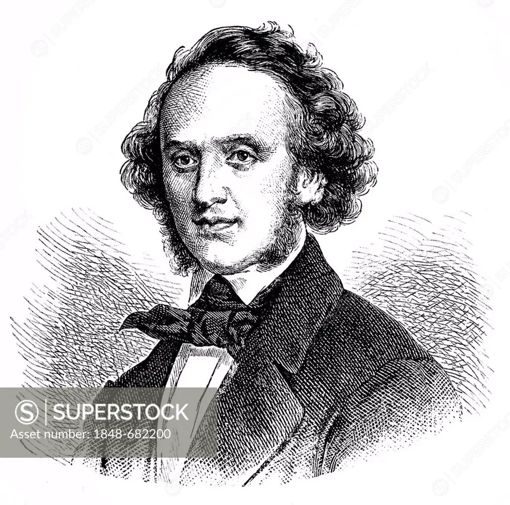 Historical drawing from the 19th Century, portrait of Jakob Ludwig Felix Mendelssohn Bartholdy, 1809-1847, German composer, pianist and organist of Ro...