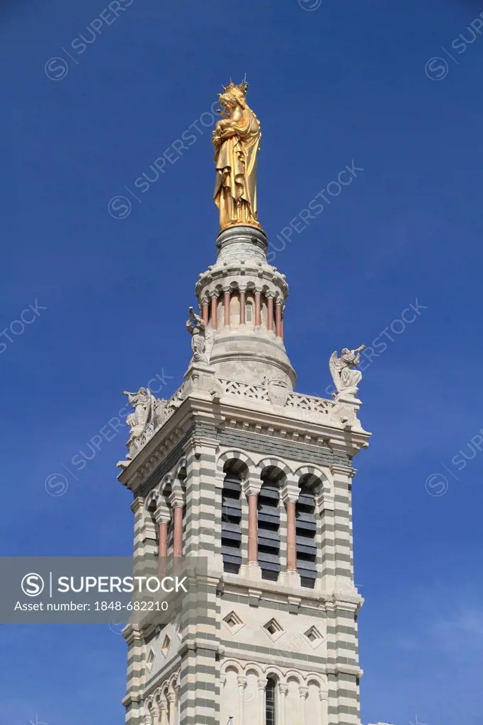 Tower of the church Notre-Dame de la Garde with the gilded statue Virgin and Child by Eugène Lequesne, Marseille, Département Bouches du Rhône, Région...