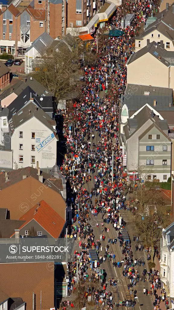 Aerial view, street carnival, carnival procession, Bochum-Linden, Bochum, Ruhrgebiet region, North Rhine-Westphalia, Germany, Europe