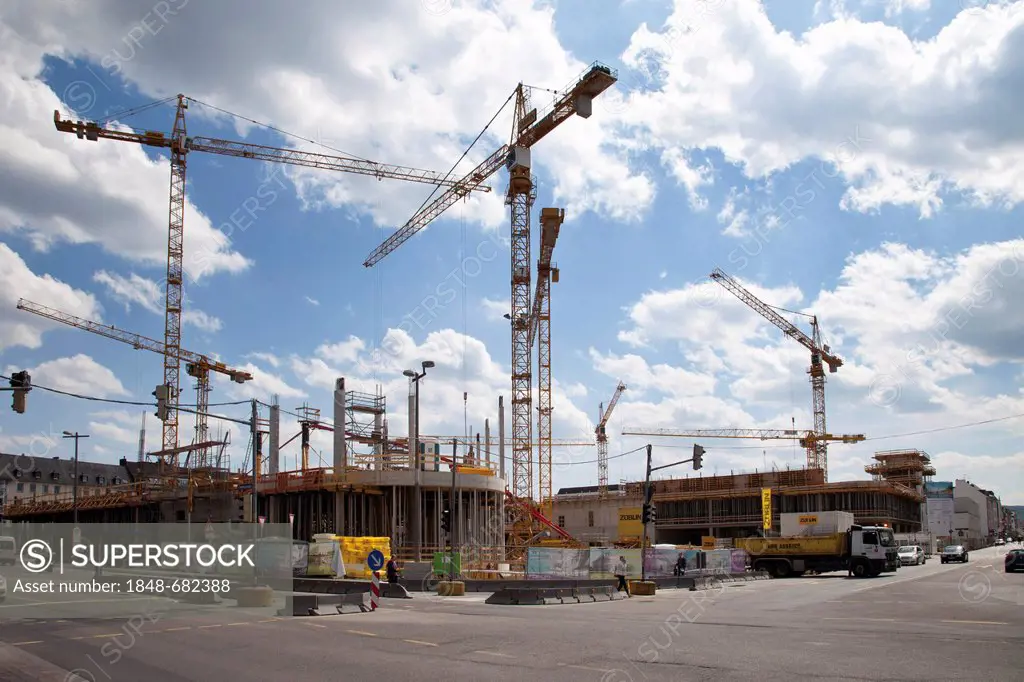 Cranes at the construction site of the Forum Mittelrhein complex, inner city, Koblenz, Rhineland-Palatinate, Germany, Europe