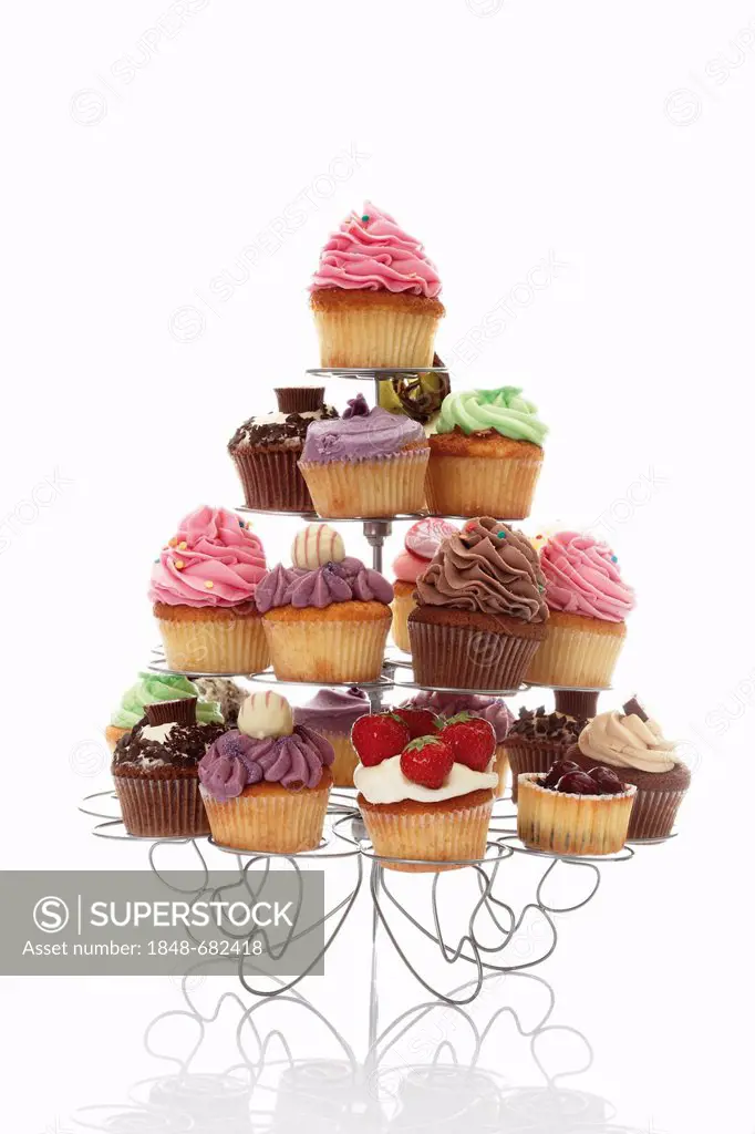 Various cupcakes in a cupcake stand
