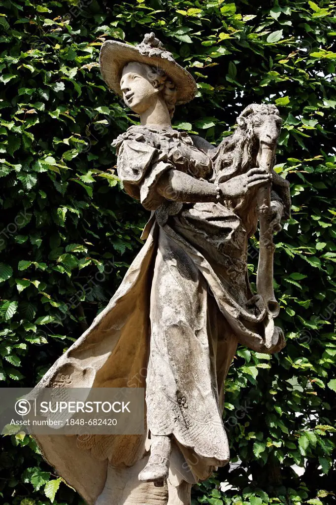 Court lady dancing with goat playing the flute, sculpture by Ferdinand Tietz, Rococo Gardens, Schloss Veitshoechheim Castle, Lower Franconia, Bavaria,...