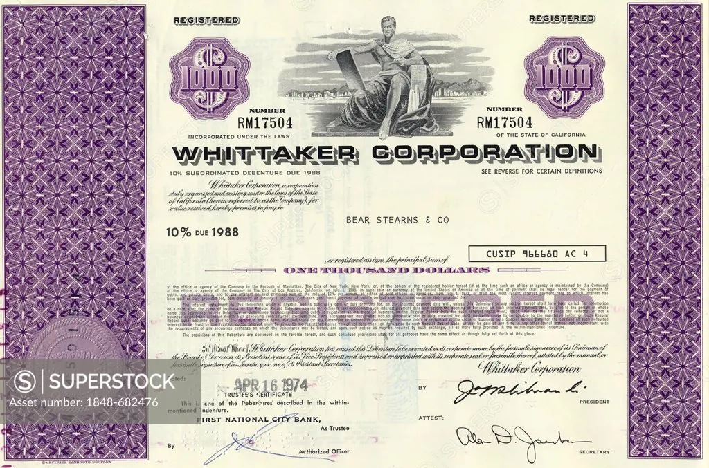 Historical share certificate, Whittaker Corporation, 1000 dollars, 1974, California, USA