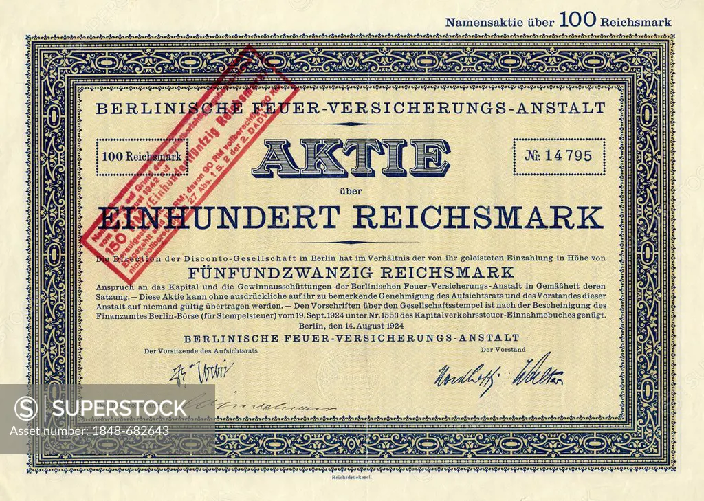 Historic stock certificate, 300 reichsmarks, Magdeburger Feuerversicherungs-Gesellschaft, an insurance company, Magdeburg, 1928, Germany, Europe