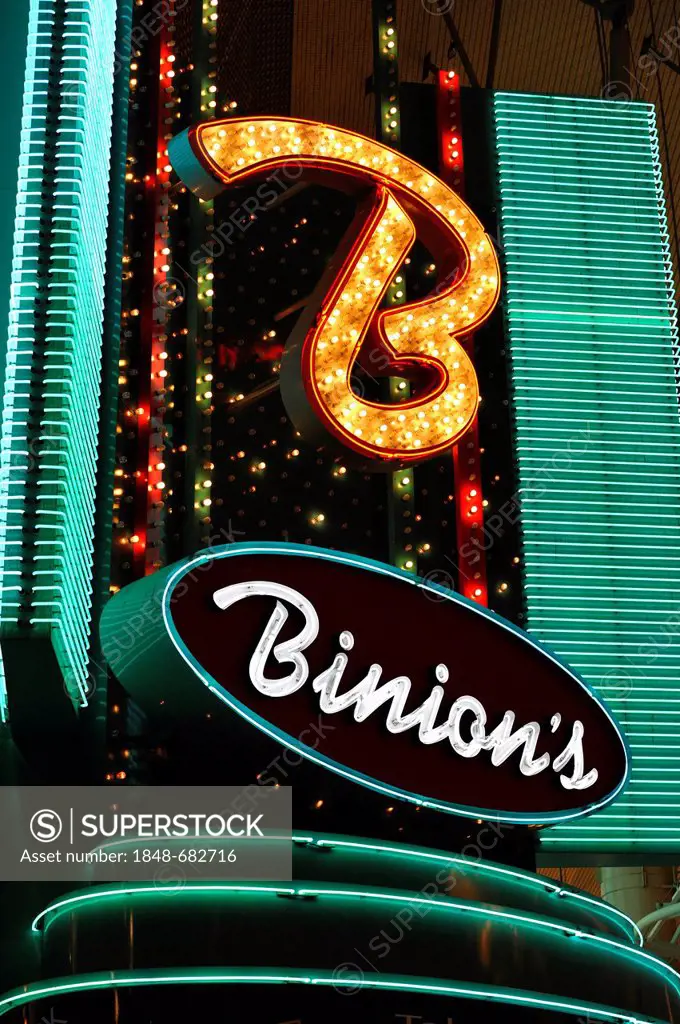 Neon logo of Binion's Horseshoe Gambling Hotel and Casino, Fremont Casino, downtown Las Vegas, Nevada, United States of America, USA, PublicGround