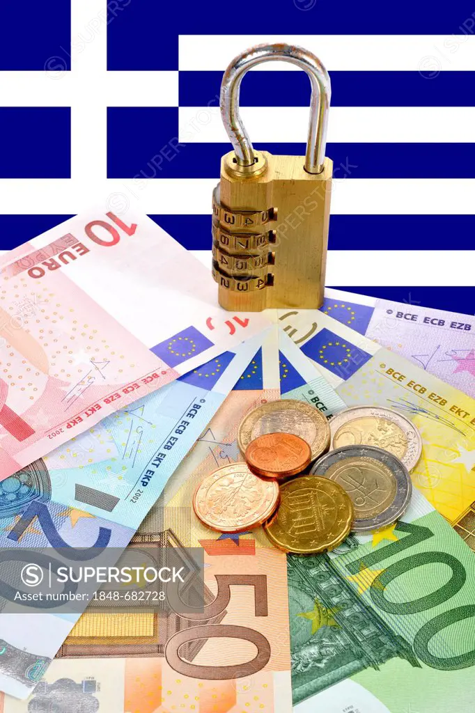 Combination lock on euro banknotes and coins in front of the national flag of Greece, symbolic image for currency security