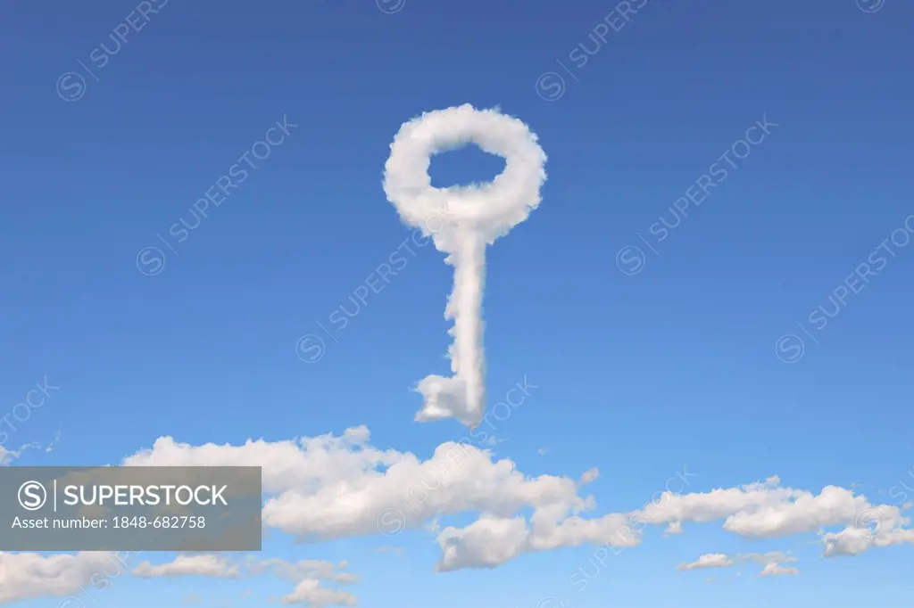 Cloud formations in the shape of a key, illustration