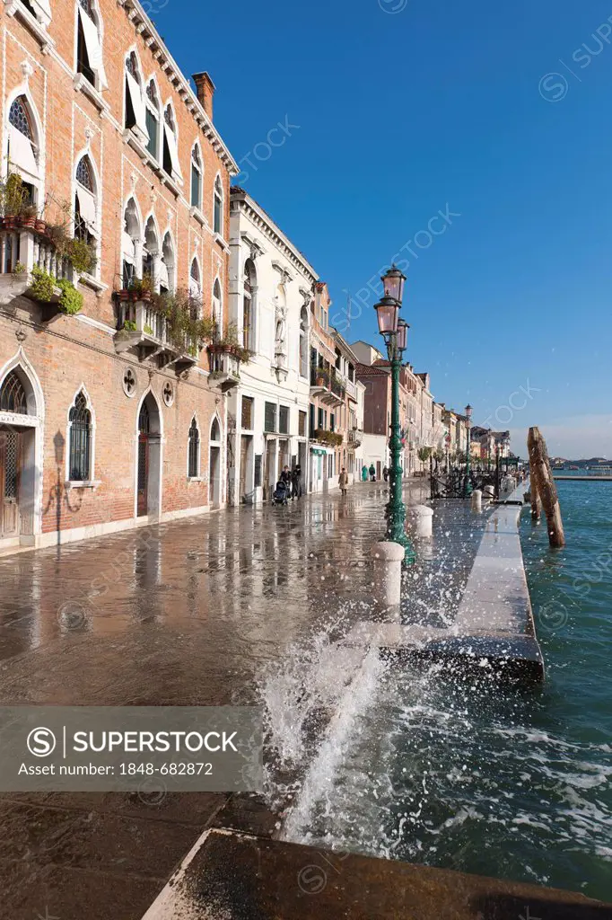 The November floods or aqua alta wash over the Fondamenta di Zattere in the Dorsoduro district, Venice, Veneto, Italy, Southern Europe
