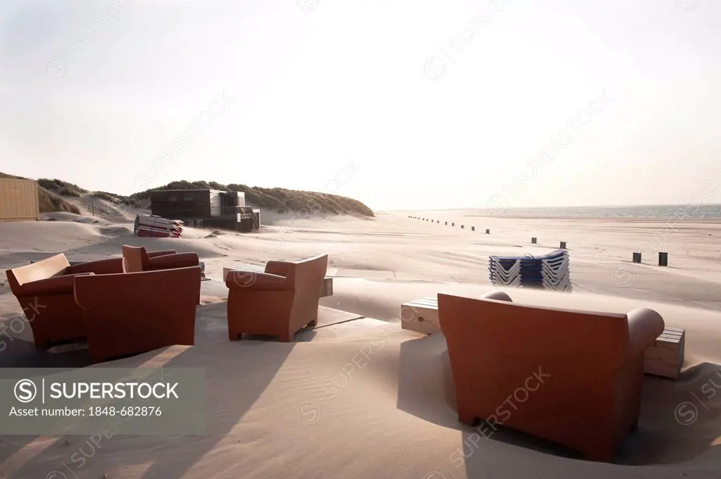 Beach cafe with lounge chairs in the sand, Friesland, Netherlands, Europe