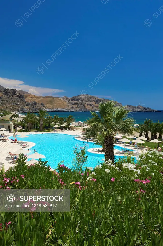 Hotel swimming pool near Damnoni Beach in Plakias, Crete, Greece, Europe