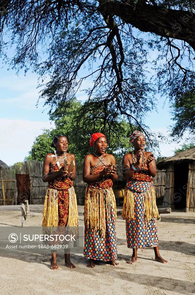 Women dancing as a show for tourists, traditional village near Camp Kwando on the Kwando River, Caprivi Strip or Okavango Strip, Namibia, Africa