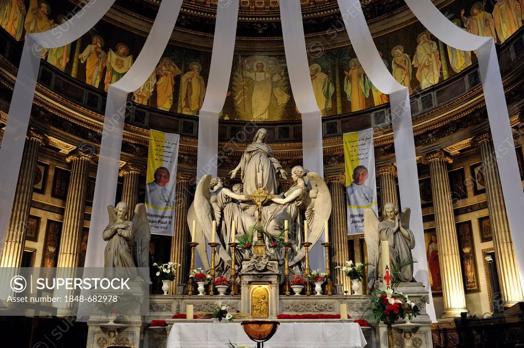 Interior, chancel with a statue of Mary Magdalene by Carlo Marochetti, church Église de la Madeleine or L'église Sainte-Marie-Madeleine, Paris, France...