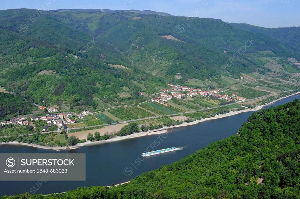 Excursion boat on the Danube river, vineyards, Danube Valley, UNESCO World Heritage Site Wachau, Lower Austria, Austria, Europe