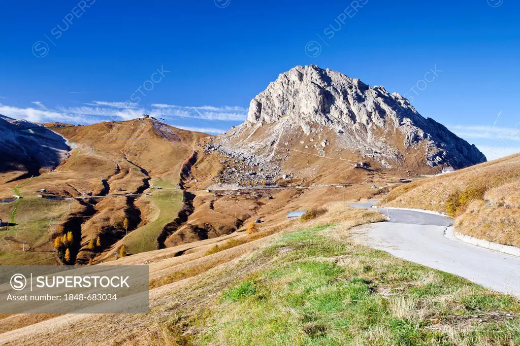View during the ascent of Piz Boe Mountain, Dolomites, Piazzetta climbing route, looking towards Pordoi Pass, Alto Adige, Italy, Europe