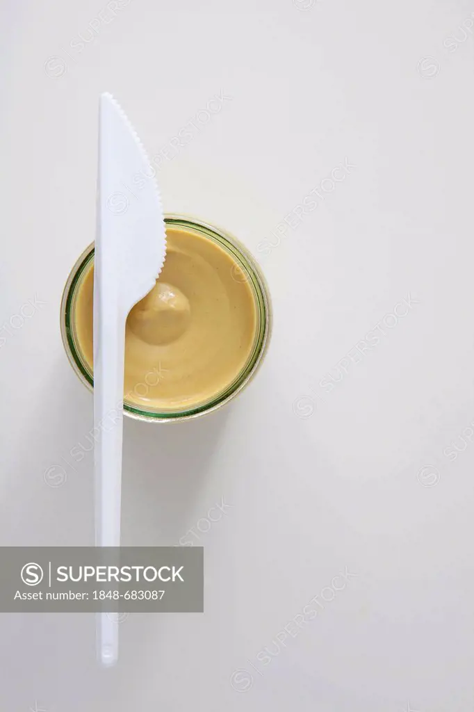 Mustard glass with a plastic knife